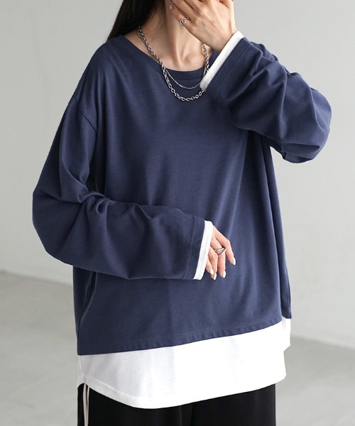 HUG.U(ハグユー)の「フェイクレイヤード オーバーサイズロンT(Tシャツ/カットソー・レディース・ブラック/カーキ/ダークグレー/ネイビー/ライトグレー・L/M)」の1枚目の写真