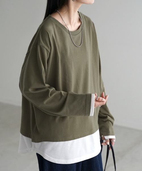 HUG.U(ハグユー)の「フェイクレイヤード オーバーサイズロンT(Tシャツ/カットソー・レディース・ブラック/カーキ/ダークグレー/ネイビー/ライトグレー・L/M)」の5枚目の写真