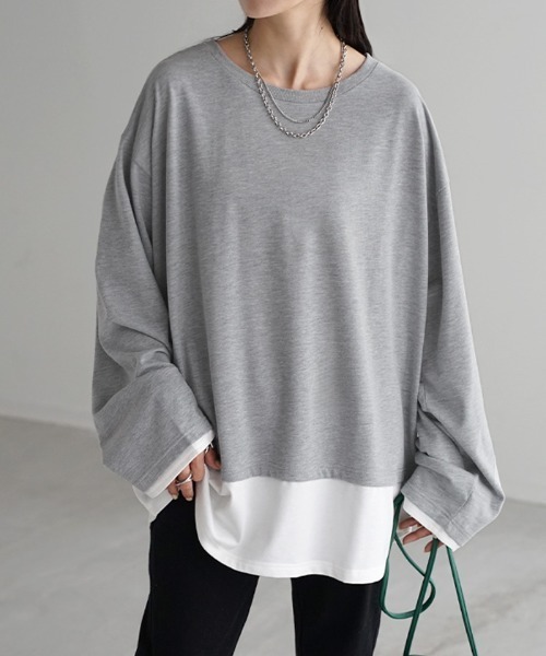 HUG.U(ハグユー)の「フェイクレイヤード オーバーサイズロンT(Tシャツ/カットソー・レディース・ブラック/カーキ/ダークグレー/ネイビー/ライトグレー・L/M)」の3枚目の写真