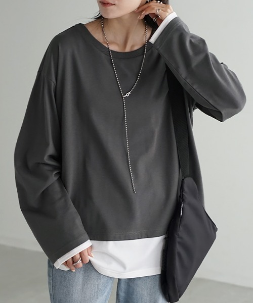 HUG.U(ハグユー)の「フェイクレイヤード オーバーサイズロンT(Tシャツ/カットソー・レディース・ブラック/カーキ/ダークグレー/ネイビー/ライトグレー・L/M)」の4枚目の写真
