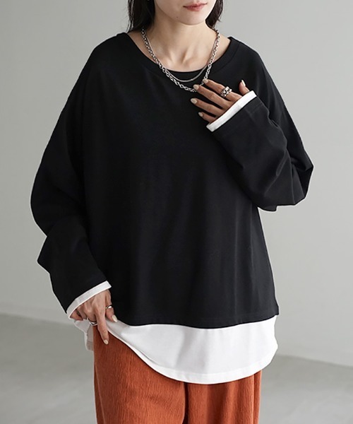 HUG.U(ハグユー)の「フェイクレイヤード オーバーサイズロンT(Tシャツ/カットソー・レディース・ブラック/カーキ/ダークグレー/ネイビー/ライトグレー・L/M)」の14枚目の写真