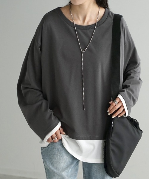 HUG.U(ハグユー)の「フェイクレイヤード オーバーサイズロンT(Tシャツ/カットソー・レディース・ブラック/カーキ/ダークグレー/ネイビー/ライトグレー・L/M)」の16枚目の写真