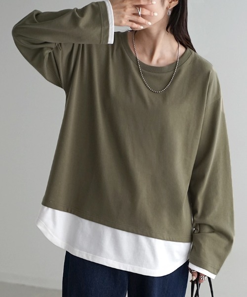 HUG.U(ハグユー)の「フェイクレイヤード オーバーサイズロンT(Tシャツ/カットソー・レディース・ブラック/カーキ/ダークグレー/ネイビー/ライトグレー・L/M)」の8枚目の写真