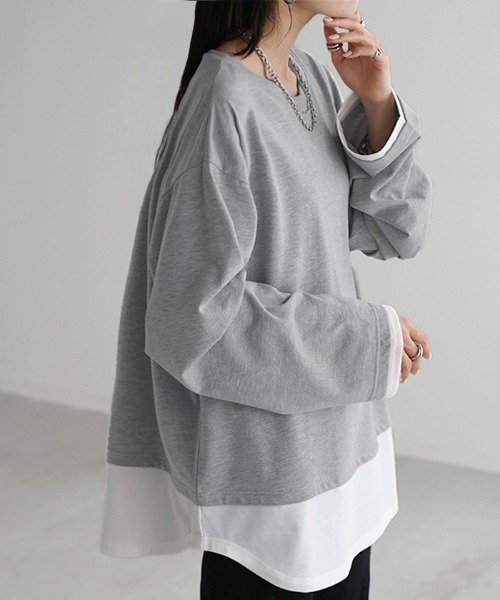 HUG.U(ハグユー)の「フェイクレイヤード オーバーサイズロンT(Tシャツ/カットソー・レディース・ブラック/カーキ/ダークグレー/ネイビー/ライトグレー・L/M)」の11枚目の写真