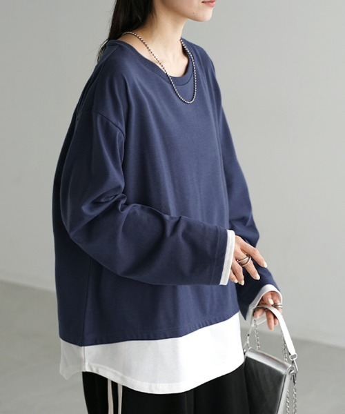 HUG.U(ハグユー)の「フェイクレイヤード オーバーサイズロンT(Tシャツ/カットソー・レディース・ブラック/カーキ/ダークグレー/ネイビー/ライトグレー・L/M)」の6枚目の写真