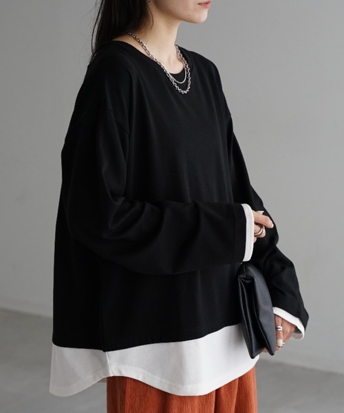 HUG.U(ハグユー)の「フェイクレイヤード オーバーサイズロンT(Tシャツ/カットソー・レディース・ブラック/カーキ/ダークグレー/ネイビー/ライトグレー・L/M)」の15枚目の写真