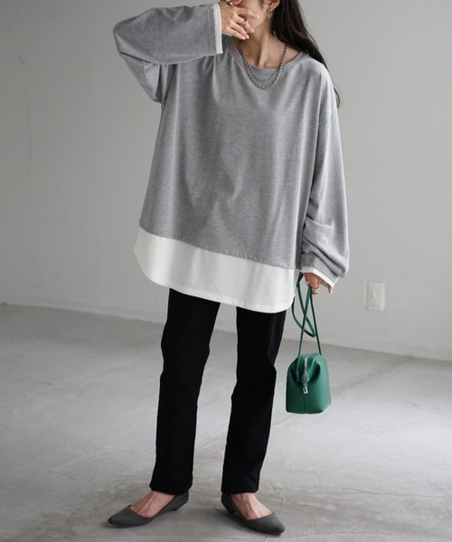 HUG.U(ハグユー)の「フェイクレイヤード オーバーサイズロンT(Tシャツ/カットソー・レディース・ブラック/カーキ/ダークグレー/ネイビー/ライトグレー・L/M)」の12枚目の写真