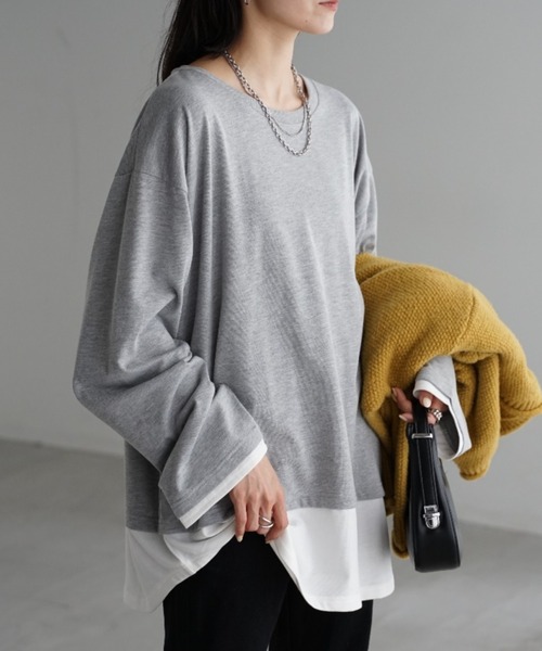 HUG.U(ハグユー)の「フェイクレイヤード オーバーサイズロンT(Tシャツ/カットソー・レディース・ブラック/カーキ/ダークグレー/ネイビー/ライトグレー・L/M)」の13枚目の写真