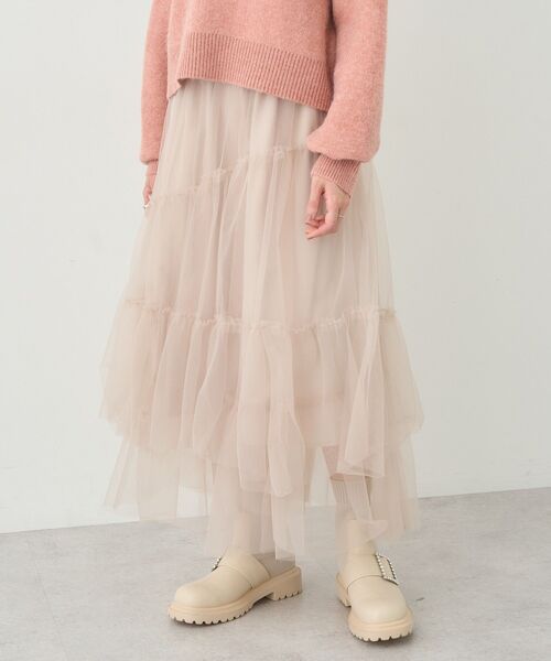 earth music&ecology（アースミュージックアンドエコロジー）の「イレギュラーヘム段々チュールスカート（スカート・レディース・ライトベージュ/ブラック/アイボリー/グリーン系その他2・FREE）」の3枚目の写真