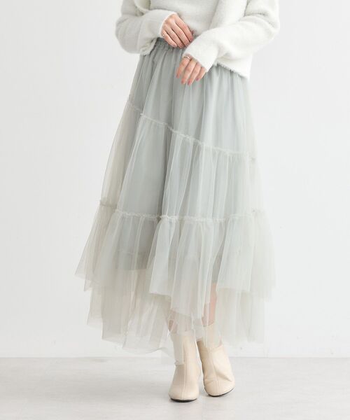 earth music&ecology（アースミュージックアンドエコロジー）の「イレギュラーヘム段々チュールスカート（スカート・レディース・ライトベージュ/ブラック/アイボリー/グリーン系その他2・FREE）」の4枚目の写真