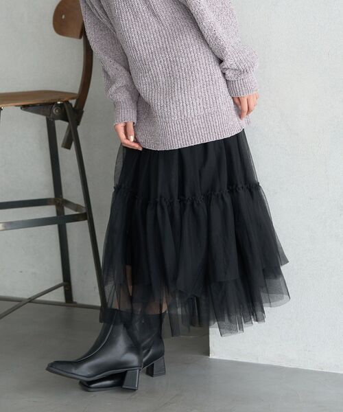 earth music&ecology（アースミュージックアンドエコロジー）の「イレギュラーヘム段々チュールスカート（スカート・レディース・ライトベージュ/ブラック/アイボリー/グリーン系その他2・FREE）」の5枚目の写真