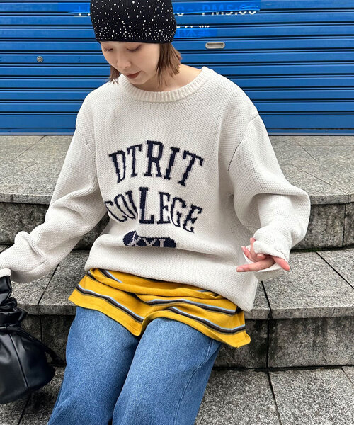 CIAOPANIC（チャオパニック）の「モールカレッジロゴニット（ニット/セーター・レディース・アイボリー/グレー/レッド・FREE）」の4枚目の写真