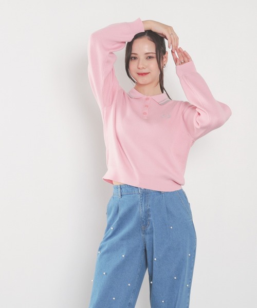 Honeys(ハニーズ)の「衿付ニットトップス(ポロシャツ・レディース・アイボリー/ブラック/杢グレー/ピンク・L/M/S)」の12枚目の写真