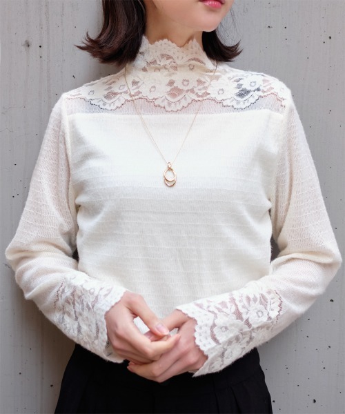 Rejoule（リジュール）の「起毛レースボトルネックトップス（Tシャツ/カットソー・レディース・アイボリー/ブラック・FREE）」の2枚目の写真