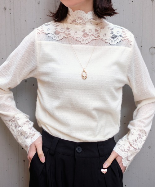 Rejoule（リジュール）の「起毛レースボトルネックトップス（Tシャツ/カットソー・レディース・アイボリー/ブラック・FREE）」の4枚目の写真