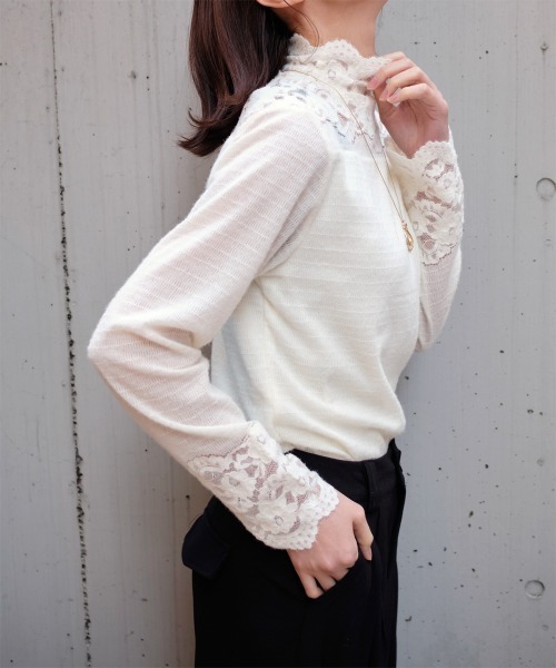 Rejoule（リジュール）の「起毛レースボトルネックトップス（Tシャツ/カットソー・レディース・アイボリー/ブラック・FREE）」の5枚目の写真
