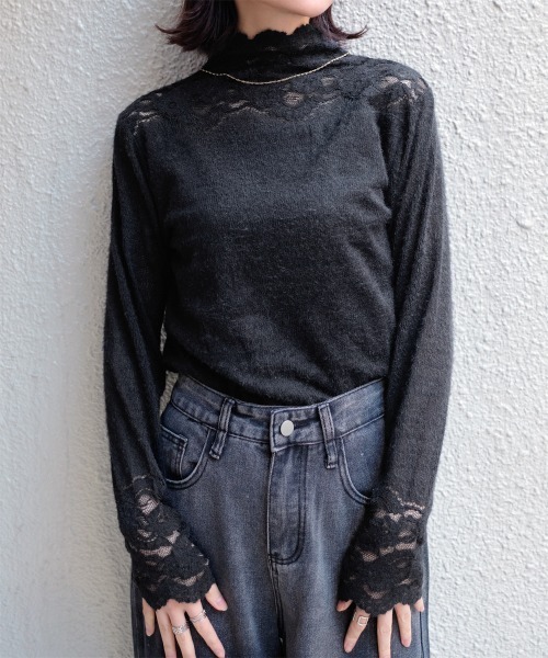 Rejoule（リジュール）の「起毛レースボトルネックトップス（Tシャツ/カットソー・レディース・アイボリー/ブラック・FREE）」の11枚目の写真