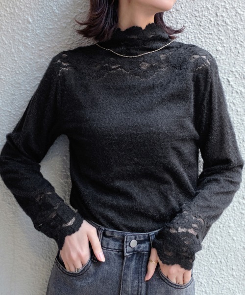 Rejoule（リジュール）の「起毛レースボトルネックトップス（Tシャツ/カットソー・レディース・アイボリー/ブラック・FREE）」の8枚目の写真