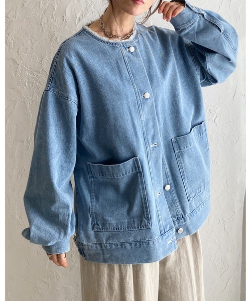 セール】オーバーサイズ襟フリンジノーカラーデニムジャケット（デニム