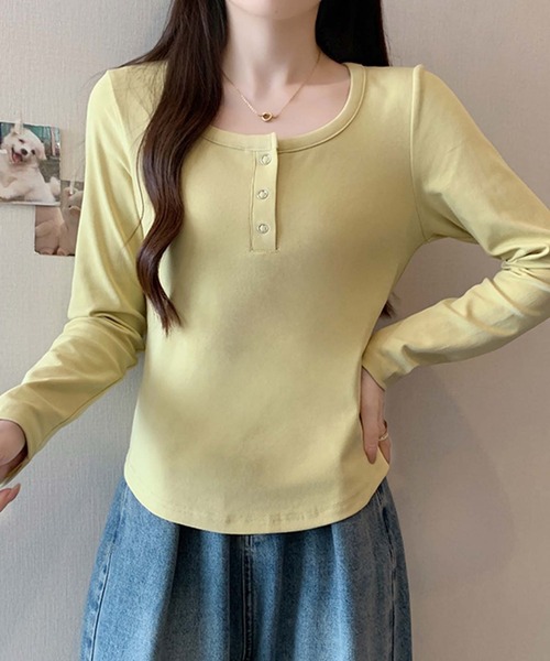 Girly Doll(ガーリードール)の「ヘンリーネックカットソー(Tシャツ/カットソー・レディース・ブラック/ブラウン/グレー/イエロー/ベージュ/レッド・XL/L)」の5枚目の写真