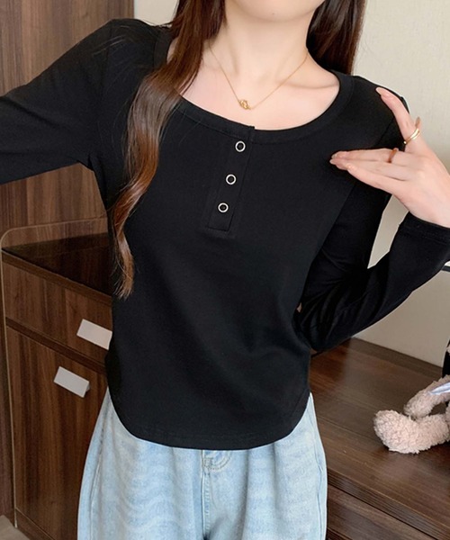 Girly Doll(ガーリードール)の「ヘンリーネックカットソー(Tシャツ/カットソー・レディース・ブラック/ブラウン/グレー/イエロー/ベージュ/レッド・XL/L)」の2枚目の写真