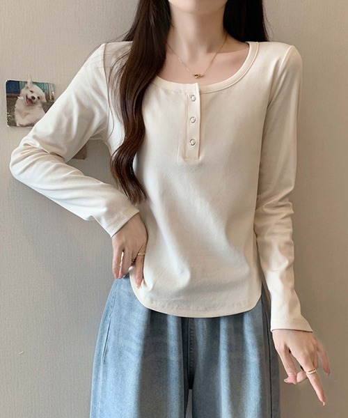 Girly Doll(ガーリードール)の「ヘンリーネックカットソー(Tシャツ/カットソー・レディース・ブラック/ブラウン/グレー/イエロー/ベージュ/レッド・XL/L)」の7枚目の写真