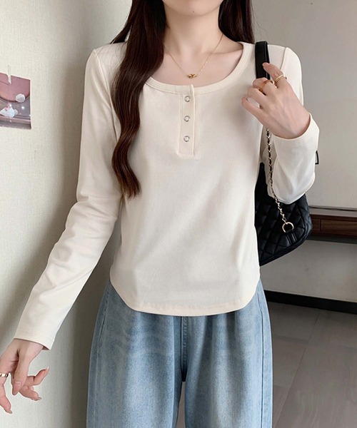 Girly Doll(ガーリードール)の「ヘンリーネックカットソー(Tシャツ/カットソー・レディース・ブラック/ブラウン/グレー/イエロー/ベージュ/レッド・XL/L)」の9枚目の写真