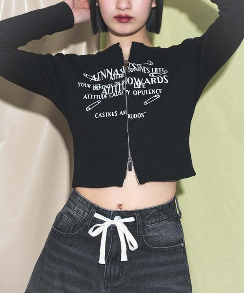 dispark(ディスパーク)の「DISPARK/グラフィックWジップトップス(Tシャツ/カットソー・レディース・ブラック/ホワイト・FREE)」の1枚目の写真