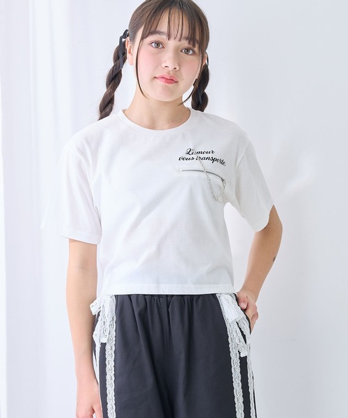 Amourire girl（アムリールガール）の「チェーンモチーフ付きTシャツ/カットソー（Tシャツ/カットソー・キッズ・ブラック/オフホワイト・130cm/140cm/150cm/160cm）」の3枚目の写真