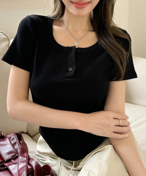 Ada.（エイダ）の「ヘンリーネック ランドヘム 半袖 トップス（Tシャツ/カットソー・レディース・アイボリー/ブラック/グレー/グリーン/ライトブルー/チャコール/ネイビー/ライトピンク・M/S/L）」の20枚目の写真