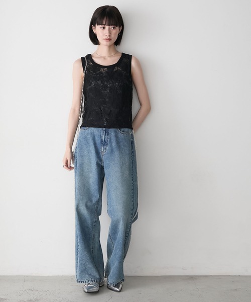 45R 刺繍のタンクトップ forksy.】ニュアンス コード刺繍レース タンクトップ forksy