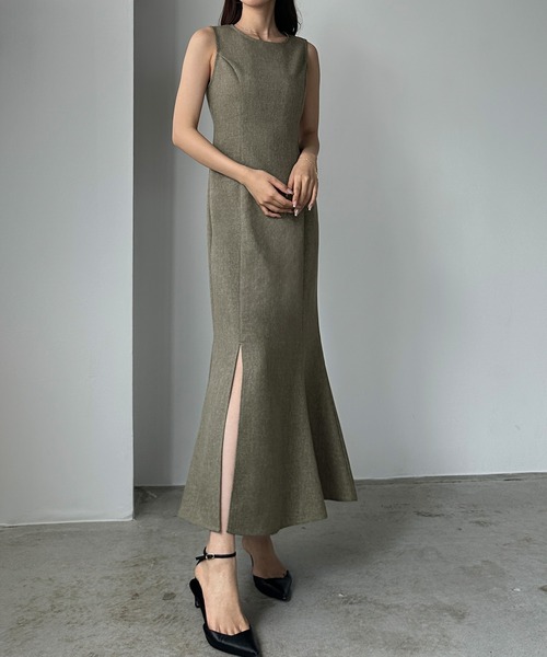 セール】リネンライクノースリマーメイドスリットワンピース[高身長