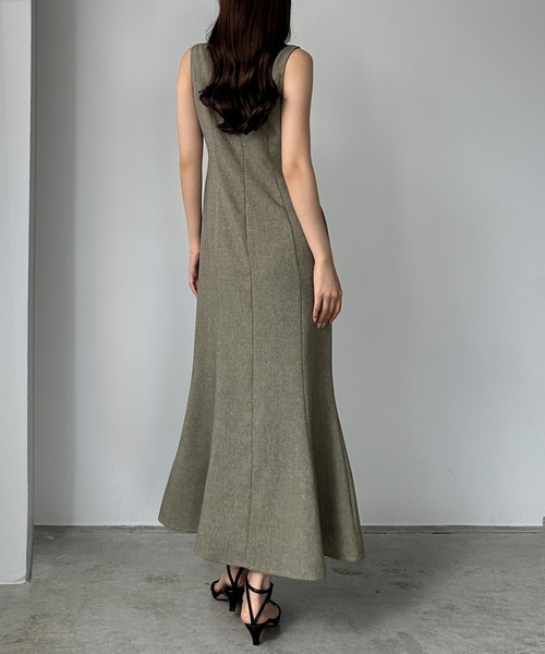 セール】リネンライクノースリマーメイドスリットワンピース[高
