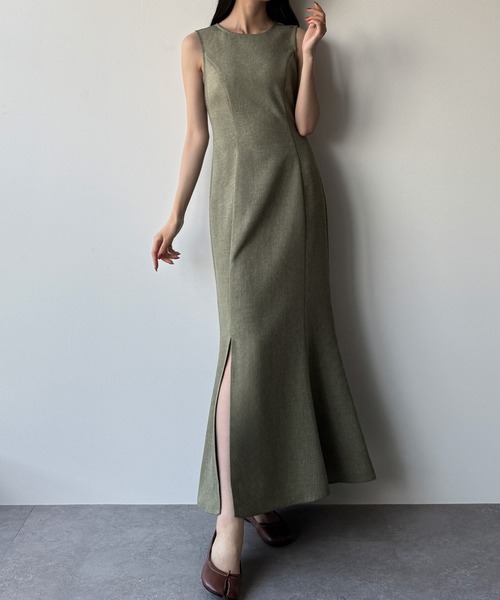 リネンライクノースリマーメイドスリットワンピース[高身長サイズMT/低身長サイズS有り]