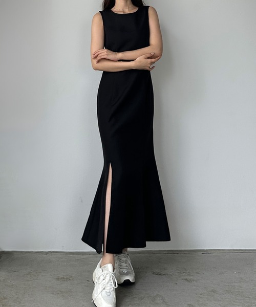 リネンライクノースリマーメイドスリットワンピース[高身長サイズMT/低身長サイズS有り]