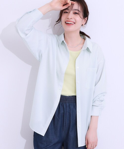 SHOO・LA・RUE(シューラルー)の「【ひんやり/UV/吸水速乾/洗濯後しわになりにくい】ラッシュガードにもなる ストライプ前開きシャツ(シャツ/ブラウス・レディース・グリーン系3/ネイビー系2/サックスブルー系2/ピンク系3・01/02/03/04)」の1枚目の写真
