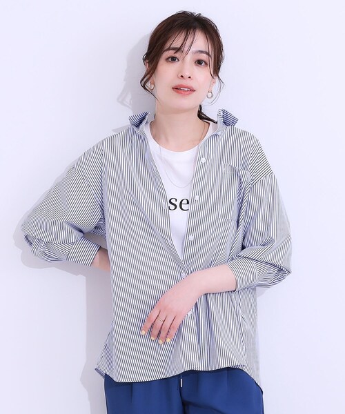 SHOO・LA・RUE(シューラルー)の「【ひんやり/UV/吸水速乾/洗濯後しわになりにくい】ラッシュガードにもなる ストライプ前開きシャツ(シャツ/ブラウス・レディース・グリーン系3/ネイビー系2/サックスブルー系2/ピンク系3・01/02/03/04)」の16枚目の写真