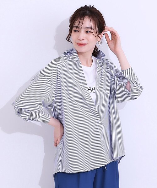 SHOO・LA・RUE(シューラルー)の「【ひんやり/UV/吸水速乾/洗濯後しわになりにくい】ラッシュガードにもなる ストライプ前開きシャツ(シャツ/ブラウス・レディース・グリーン系3/ネイビー系2/サックスブルー系2/ピンク系3・01/02/03/04)」の15枚目の写真
