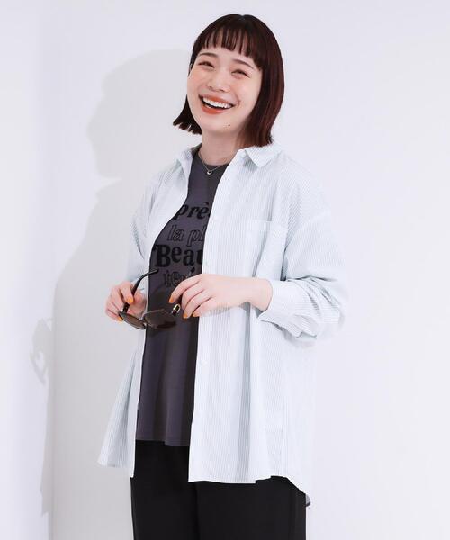 SHOO・LA・RUE(シューラルー)の「【ひんやり/UV/吸水速乾/洗濯後しわになりにくい】ラッシュガードにもなる ストライプ前開きシャツ(シャツ/ブラウス・レディース・グリーン系3/ネイビー系2/サックスブルー系2/ピンク系3・01/02/03/04)」の5枚目の写真