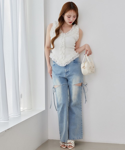 one after another NICE CLAUP（ワンアフターアナザーナイスクラップ）の「サイドオープンリボンフレアデニムパンツ（デニムパンツ・レディース・ブルー/ネイビー/ライトブルー・SMALL/MEDIUM）」の21枚目の写真