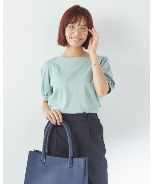 洗える半袖カットソー】ボートネック×パフデザインブラウス