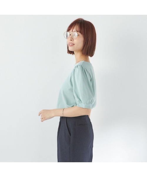 洗える半袖カットソー】ボートネック×パフデザインブラウス