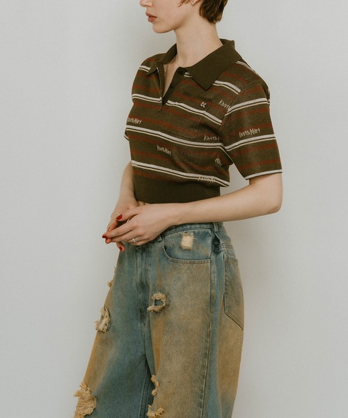 Knuth Marf(クヌースマーフ)の「【Knuth Marf】logo stripe polo knit(ポロシャツ・レディース・カーキ/ブラウン・FREE)」の7枚目の写真