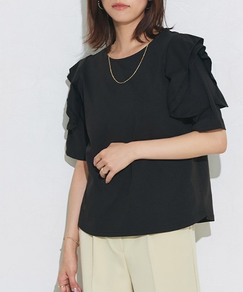 Pierrot(ピエロ)の「ドライタッチラッフルフリルスリーブTシャツ(Tシャツ/カットソー・レディース・ネイビー/ブラック/オフホワイト/ラベンダー・M/L)」の3枚目の写真