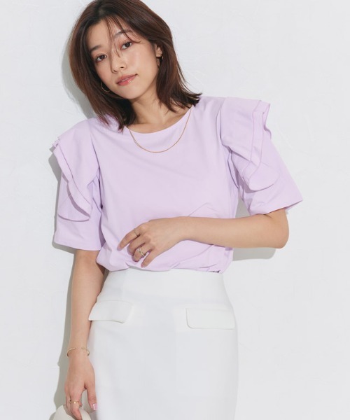 Pierrot(ピエロ)の「ドライタッチラッフルフリルスリーブTシャツ(Tシャツ/カットソー・レディース・ネイビー/ブラック/オフホワイト/ラベンダー・M/L)」の11枚目の写真