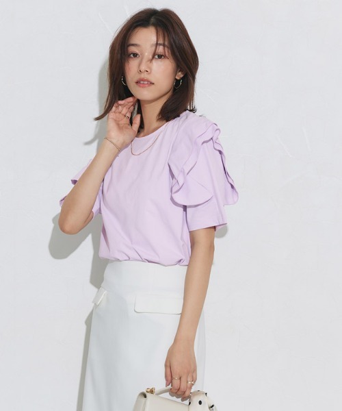 Pierrot(ピエロ)の「ドライタッチラッフルフリルスリーブTシャツ(Tシャツ/カットソー・レディース・ネイビー/ブラック/オフホワイト/ラベンダー・M/L)」の12枚目の写真