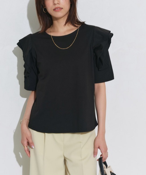 Pierrot(ピエロ)の「ドライタッチラッフルフリルスリーブTシャツ(Tシャツ/カットソー・レディース・ネイビー/ブラック/オフホワイト/ラベンダー・M/L)」の6枚目の写真