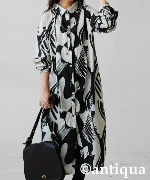 antiqua(アンティカ)の「モノトーン柄シャツワンピース(シャツワンピース・レディース・ブラック系その他・ONESIZE)」の2枚目の写真