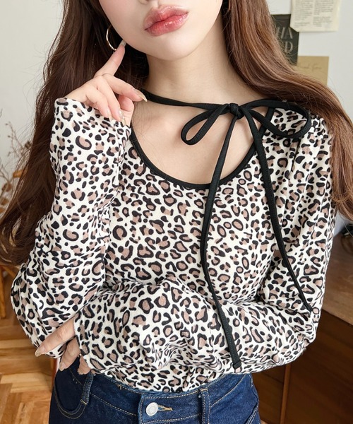 moment+（モーメントプラス）の「レオパードプリントバレエコアパフスリーブ長袖カットソー（Tシャツ/カットソー・レディース・グレー/ベージュ/ブラウン・M/L）」の6枚目の写真