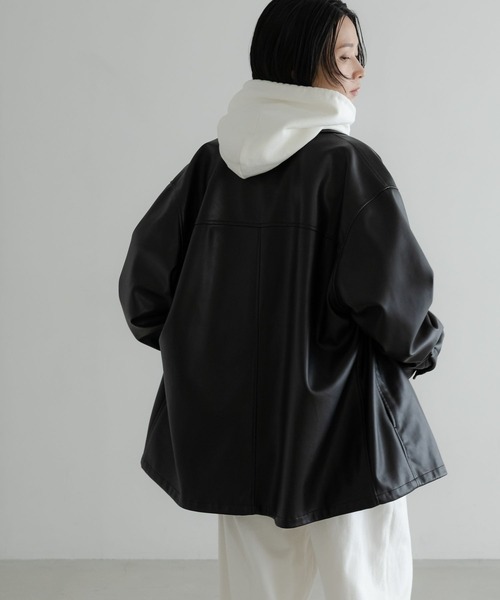 コーチジャケット/フード付き黒レザーコート LFM(U)】フェイクレザーコーチジャケット 571329（ライダース